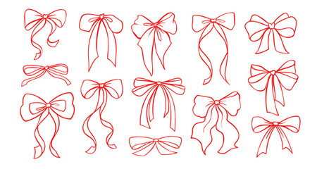Whimsical Outline Bow and Ribbon Vector Set for Romantic Designs, Coquette Frames and Festive Decorations.