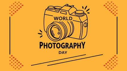 Illustration of a camera with world photography day text on a yellow background with dots on corners on transparent background silhouette