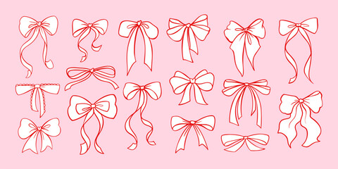 Set of pink coquette bows in vector style. Cute bow clipart for fashion, present, romantic cards, girly decor