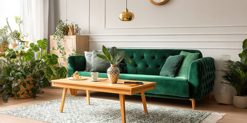 Emerald green velvet sofa with wooden coffee table and plants tufted