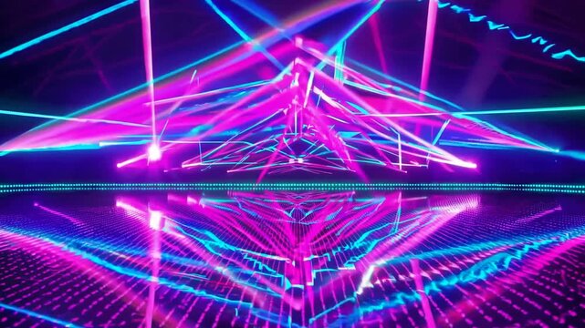 Loopable Y2K-inspired K-pop concert stage visual with prismatic laser choreography, chrome-tinted LED floor reflection, and kinetic light symmetry in shifting holographic gradients, ideal for pop even