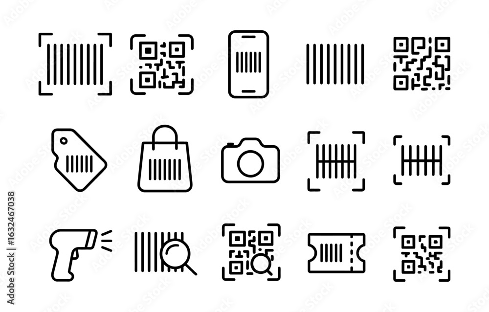 Wall mural barcode and qr code line icons for mobile and retail applications