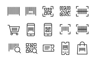 Barcode and qr code line icons: shopping and scanning essentials