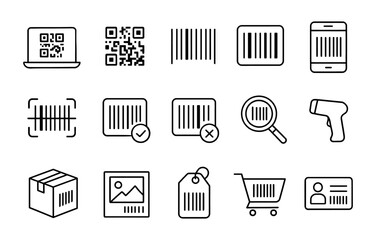 Barcode icons set: qr code, scanner, linear style for e-commerce and inventory
