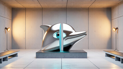 A futuristic industrial art installation featuring a large metallic sculpture of a split dolphin head mounted on a black platform