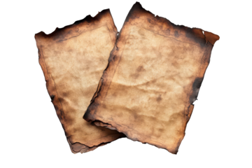 Ancient parchment scroll isolated on transparent background. Two antique burned parchment sheets with unique textures isolated on white background.