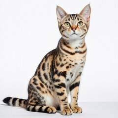 Naklejka premium Bengal Cat's Striking Gaze: A poised Bengal cat sits regally, its distinctive spotted coat and captivating gaze drawing attention and celebrating the exotic grace of the feline.