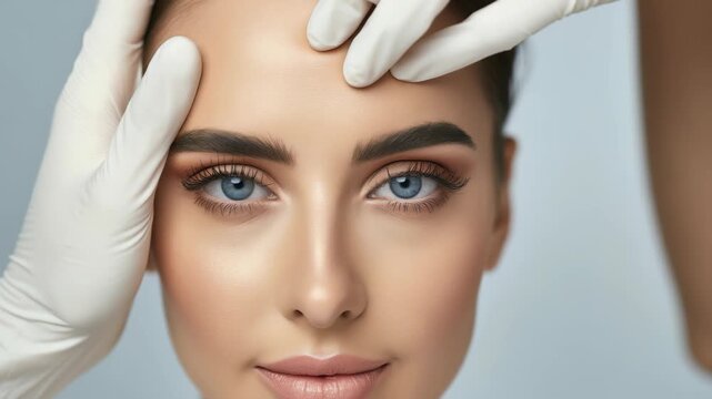Detailed portrait featuring woman with striking blue eyes, soft makeup, smooth skin, being examined by hands in surgical gloves, implying medical or cosmetic consultation setting.