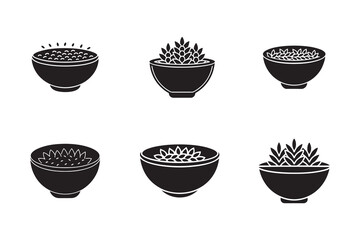 Variety of Black and White Bowls with Different Contents Illustration of Decorative Containers Minimalist Design Elements Food Presentation