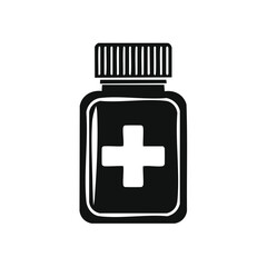 Obraz premium Black and white icon of a medical pill bottle with a cross symbol.