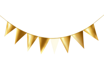 Golden bunting flags festive decoration isolated on transparent background. Gold bunting banner isolated on white background.