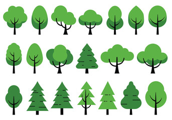 Fototapeta premium Collection of diverse tree illustrations isolated on white background, showcasing various shapes and styles for naturethemed designs and educational resources
