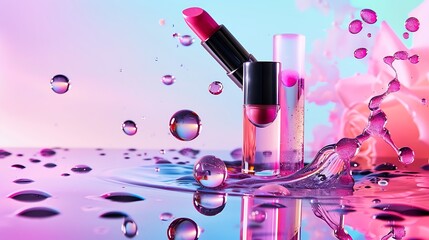 Vibrant Makeup Products in a Mesmerizing Water Splash Amidst Soft Pink Hues