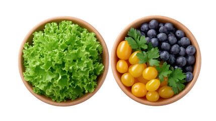 Overhead View of Two Bowls of Fresh Produce Lettuce, Cherry Tomatoes, and Blueberries