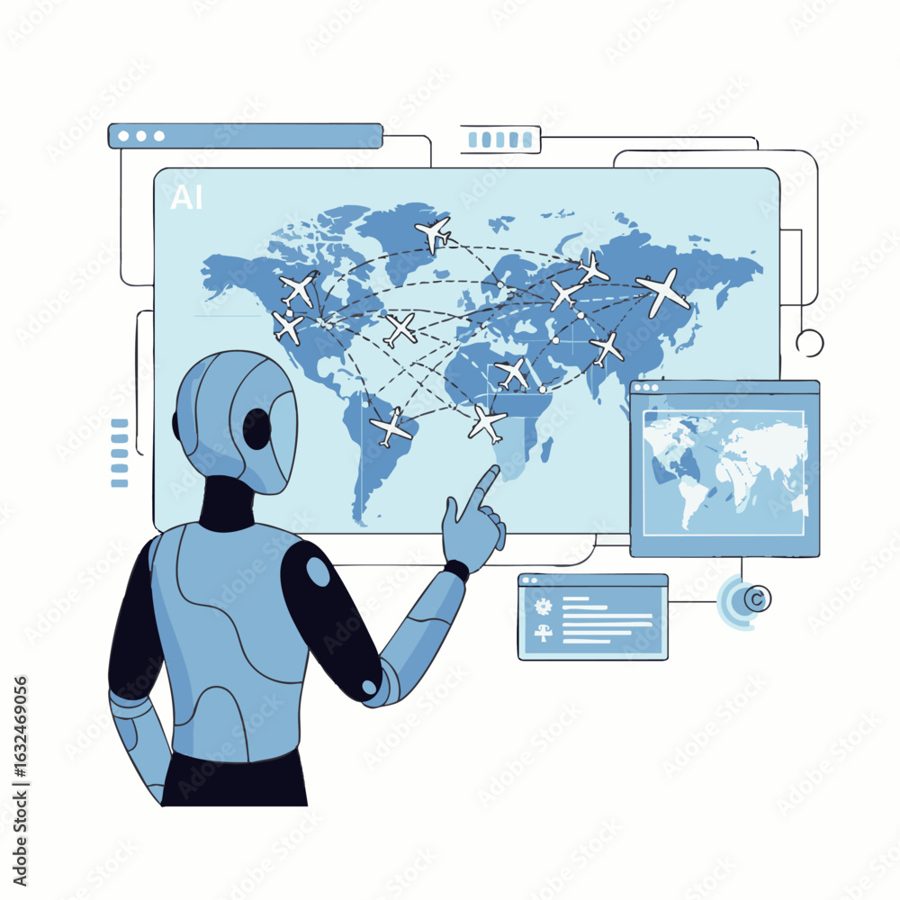 Aufkleber a sophisticated robot interacts with an illuminated digital world map, meticulously analyzing interc