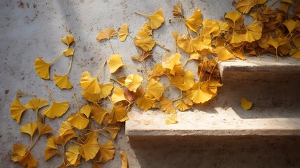 Golden ginkgo leaves scattered on temple steps