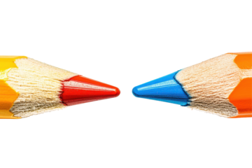 Two sharpened pencils meeting tip to tip isolated on transparent background. Two pencils facing each other isolated on white background.