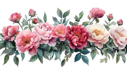 Obraz premium Watercolor Peony Floral Border with Pink, Red, and White Blooms and Green Leaves 