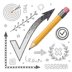 Charcoal hand-drawn pencil arrows doodle with curved chalk darts and texture design elements on a transparent background image