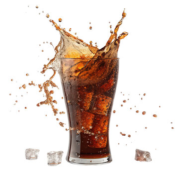 Cascading liquid brown soda or tea splash frozen image with dynamic motion and fluid texture PNG beverage spill on transparent background