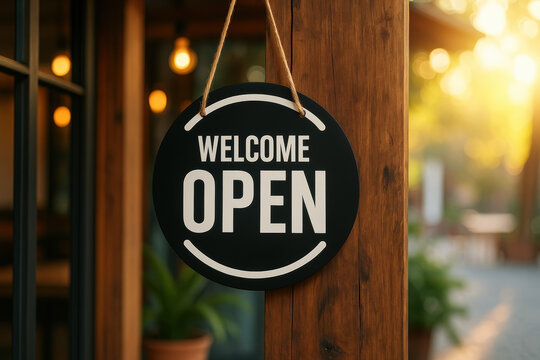A welcome open sign hangs from a wooden storefront, inviting customers to enter a cafe.
