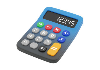 Blue calculator with digital display and colorful buttons isolated on a transparent background gray white