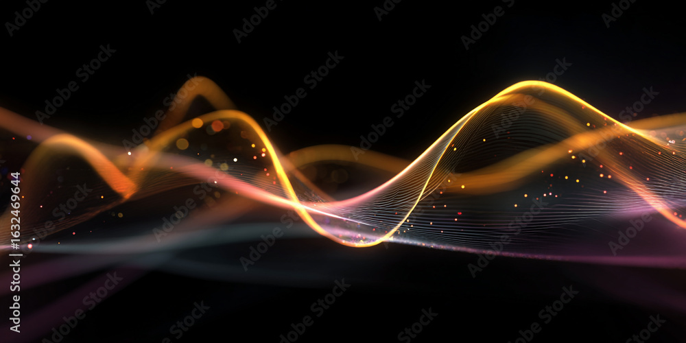 Poster glowing wavy lines with scattered particles abstract background
