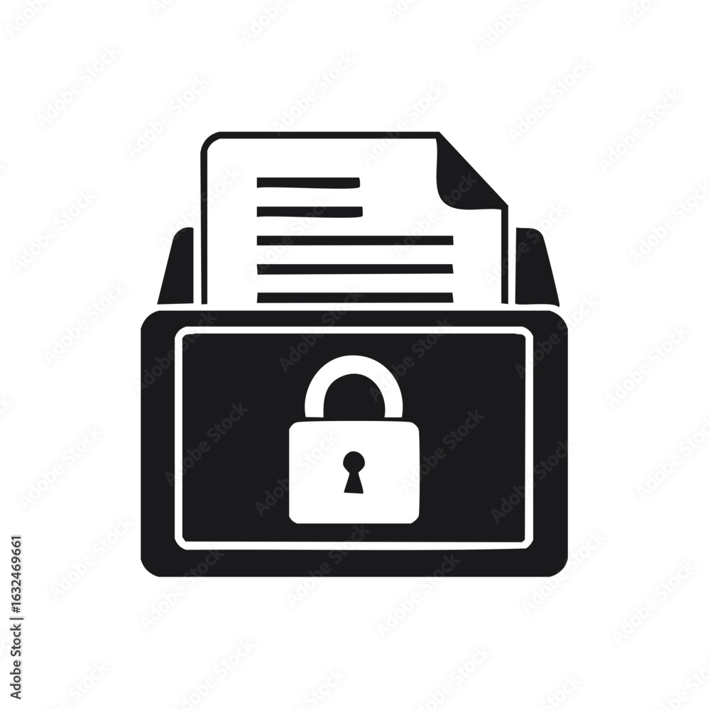 Poster confidential documents in secure file box with padlock privacy and protection