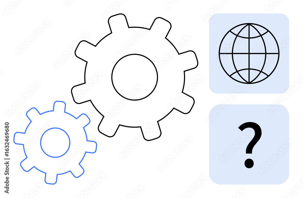 Poster gears interlocked for collaboration, globe for global networking, and question mark for inquiry. ide