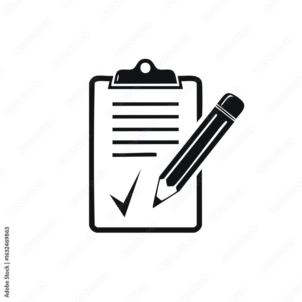 Poster clipboard checklist with check mark and pencil tool for form completion approval