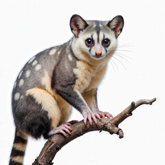 Obraz premium Spotted Cuscus on Branch: A captivating photo features a spotted cuscus gracefully perched on a branch, its captivating eyes gleaming with curiosity.