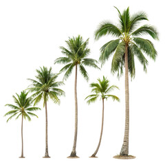 Obraz premium Coconut trees with varying stems isolated on transparent background png tropical palm tree variations png natural flora diversity png coconut palms isolated on clear png background image