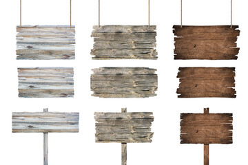 Realistic set of wooden sign posts isolated on transparent background. Vector illustration of blank...
