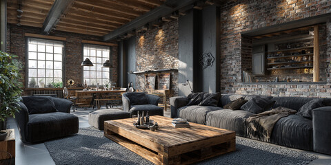 Industrial loft living room with brick walls and wooden beams image
