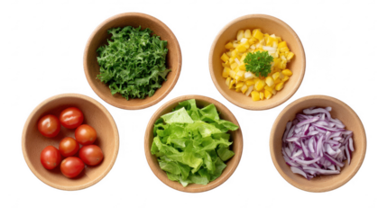 Colorful Chopped Salad Ingredients in Wooden Bowls