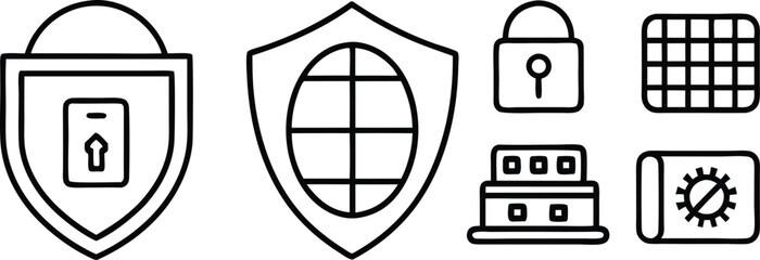 Collection of security and protection icons with shield, lock, and safe outline vector