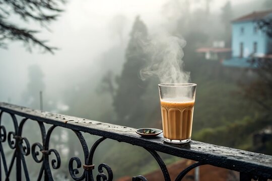 Steaming cup of chai on foggy balcony railing with lush green misty mountains behind - Powered by Adobe