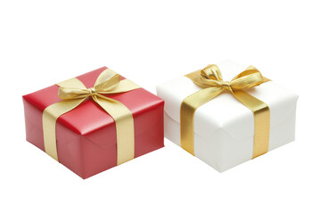 Obraz premium Two festive gift boxes with gold ribbon isolated on transparent background. Two white and red gift box with gold ribbon isolated on white background.