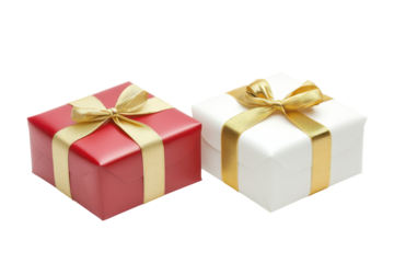Two festive gift boxes with gold ribbon isolated on transparent background. Two white and red gift box with gold ribbon isolated on white background.