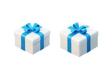 Obraz premium Two white gift boxes with blue ribbons isolated on transparent background. Two white gift box with blue ribbon icon isolated on white background, 3d rendering.
