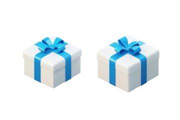 Two white gift boxes with blue ribbons isolated on transparent background. Two white gift box with blue ribbon icon isolated on white background, 3d rendering.