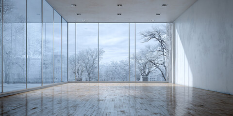 Modern interior with expansive windows overlooking a frosted winter landscape architecture glass
