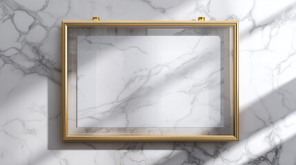 Floating frame mockup with poster inside clear glass, shadow cast on marble surface
