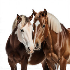 Obraz premium Equestrian Companions: A captivating portrait of two majestic horses, their heads gently nuzzled together. Displaying the deep bond and friendship. The stunning equine duo exudes elegance.