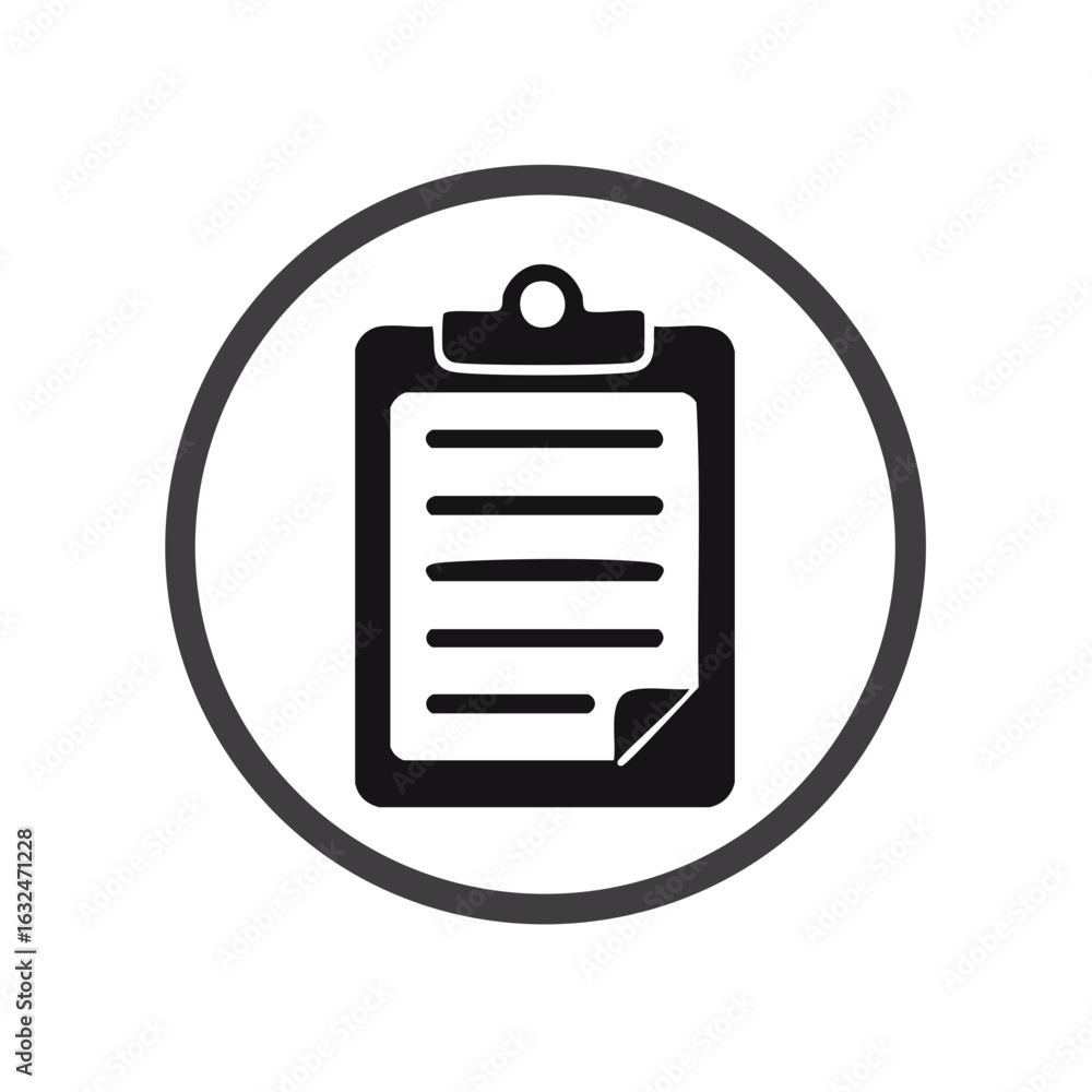 Poster minimalist black clipboard and document icon in a circular frame for business tasks and planning