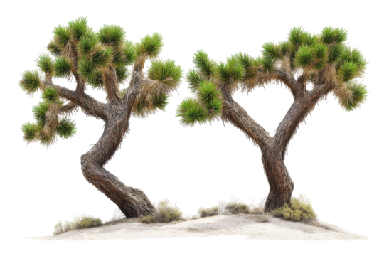 Two intertwined joshua trees with desert plants isolated on transparent background. Joshua trees with green spiky leaves and curved trunks isolated on white background.