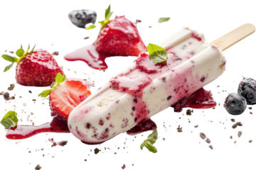 Delicious berry ice cream popsicle with fresh fruit isolated on transparent background. Vanilla popsicle ice cream with strawberry sauce wooden stick isolated on white background.