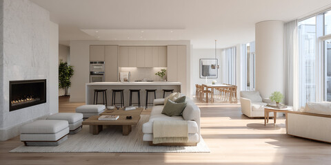 Modern living room with fireplace kitchen and dining area image
