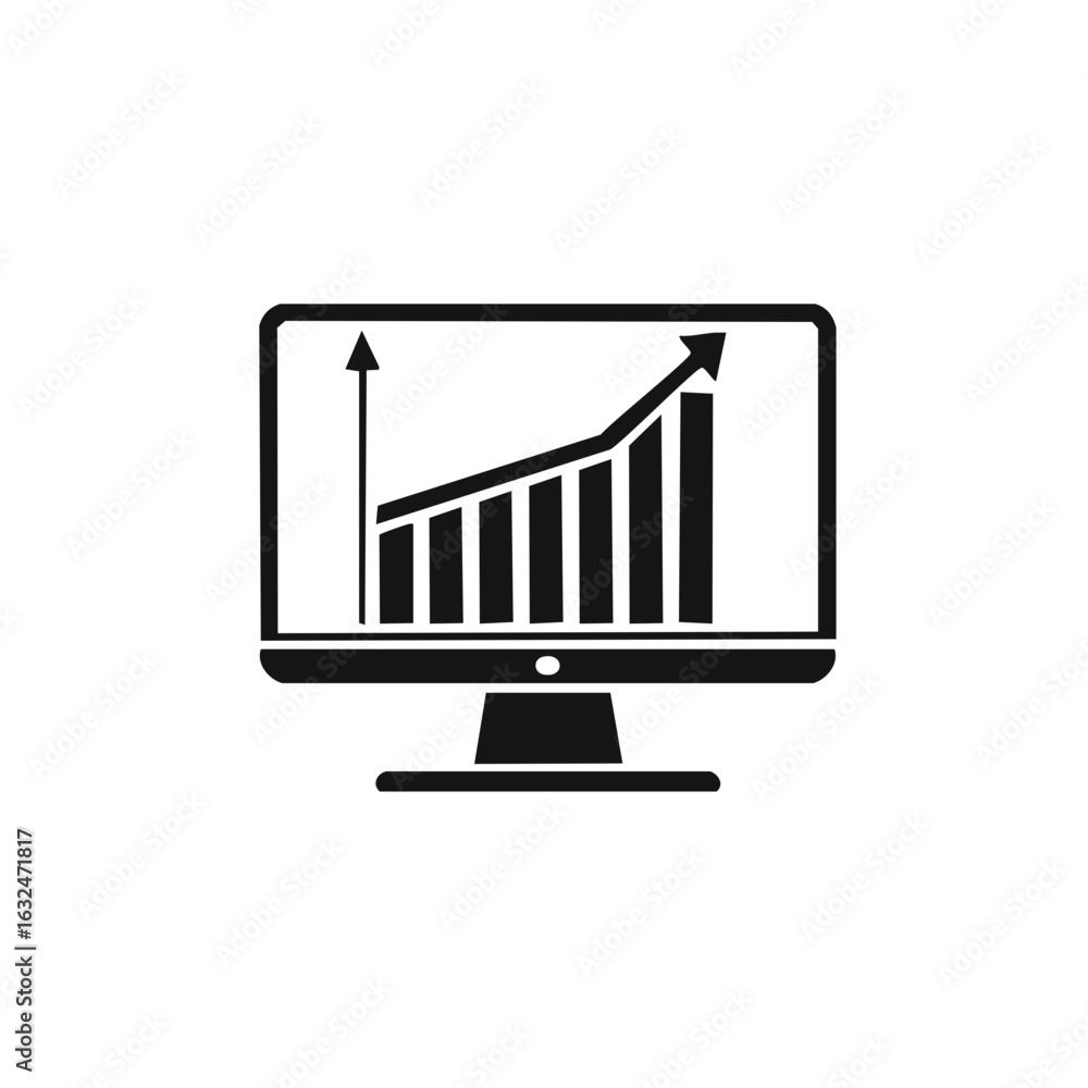 Poster computer screen displaying a rising bar graph with an upward trending arrow indicating growth and su