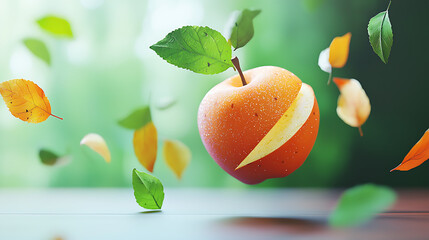 A vibrant, partially peeled apple floats amidst a whirlwind of green and autumn leaves, symbolizing a fresh harvest and the transition of seasons.